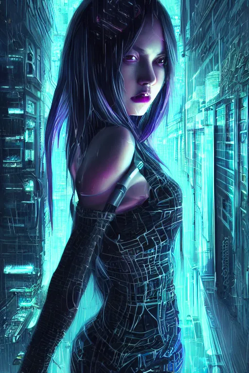 Prompt: portrait futuristic devilish cyberpunk young female Assassin, in futuristic stormy heavy snowy tokyo rooftop cyberpunk night, ssci-fi, fantasy, intricate, very very beautiful, elegant, neon light, highly detailed, digital painting, concept art, human structure, soft light, hdri, smooth, sharp focus, illustration, art by tian zi and craig mullins and WLOP and alphonse mucha