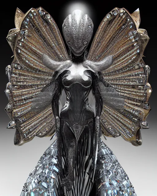 Image similar to a highly detailed metahuman 4 k close up render of an alien goddess bella hadid monument devil in iris van herpen dress schiaparelli in diamonds crystals swarovski and jewelry iridescent in style of alphonse mucha gustav klimt trending on artstation made in unreal engine 4