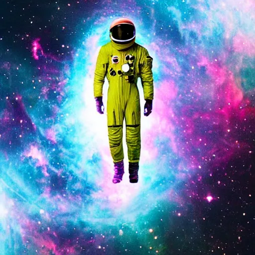 Image similar to modern double exposure monochrome spacesuit over a brilliant iridescent nebula.