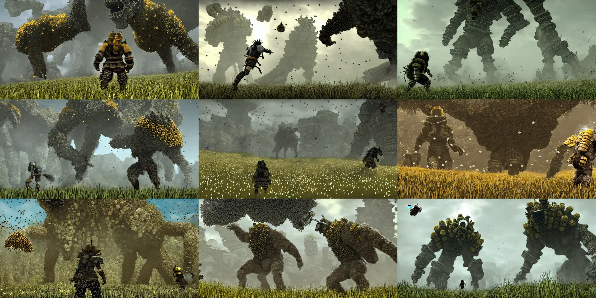 Prompt: gameplay screenshot, shadow of the colossus covered in bees, made of bees, 1 million bees, bees covering whole body