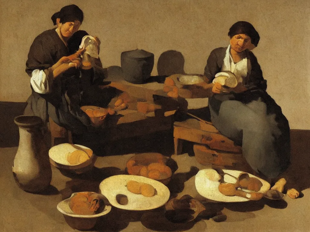 Prompt: Woman eating soup on the ground. Still life with white water jug. Painting by Zurbaran.