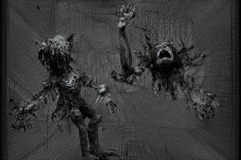 Prompt: found footage of a terrifying cryptic monster, dark deep black shadows, in the style of trevor henderson and james ensor goya, liminal space, 3 d render, glitch effect