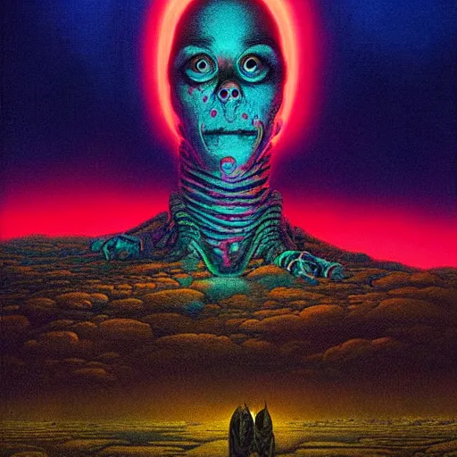 Image similar to kang and kodos ( the simpsons halloween special ) by beksinski and tristan eaton, dark neon trimmed beautiful dystopian digital art