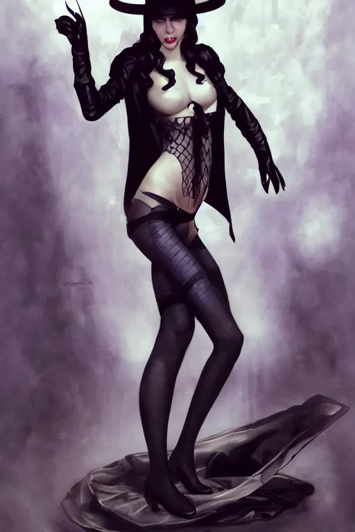 Prompt: full figure portrait of Zatana, pale, haunted, in tophat and tailcoat, legs wrapped in fishnet stockings, shushing the camera, dc comics, cyberpunk, Warhammer 40000, dark fantasy, digital art from artstation by Ruan Jia and Mandy Jurgens and Artgerm and william-adolphe bouguereau