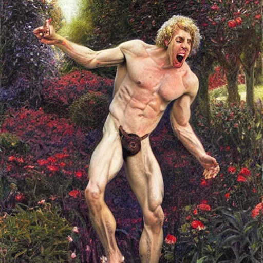 Prompt: pale screaming muscular ( vampire ), with jeans in a garden, by donato giancola.