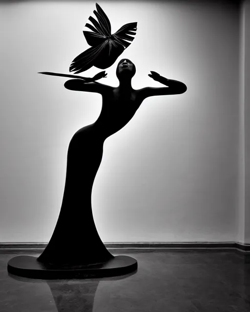 Image similar to surreal mythical dreamy dark artistic black and white fine art photo of a monumental wax sculpture of a female - orchid - bird - cybor