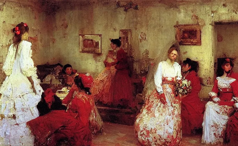 Image similar to high quality high detail painting by ilya repin, brides in a blood flooded house, hd