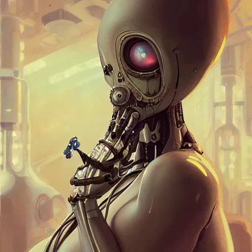 Image similar to An Alien Robotic Naughty Nurse with facial tattoos, artists portrait, biomechanical, Emergency Room, fantasy, highly detailed, digital painting, concept art, sharp focus, depth of field blur, illustration, art by artgerm and greg rutkowski and alphonse mucha