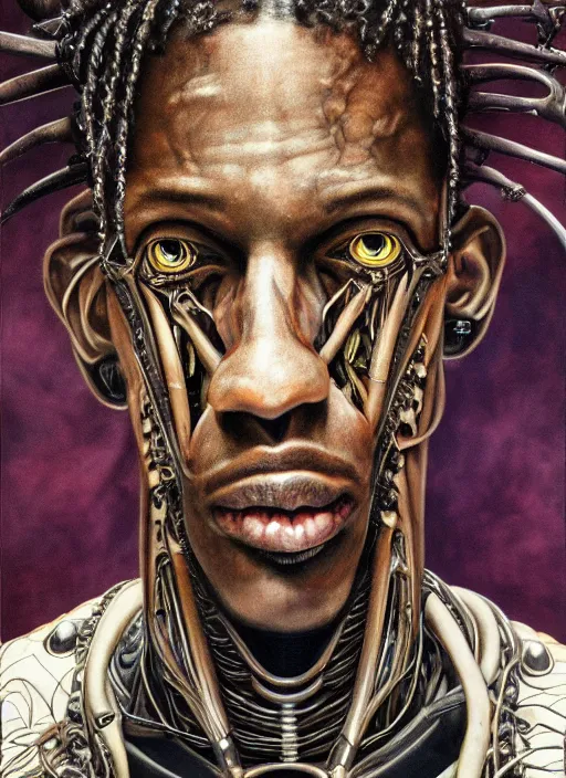 Prompt: Travis Scott by Yoshitaka Amano, by HR Giger, biomechanical, profile portrait, 4k, wide ayes, hyper detailed, hyperrealism, anime