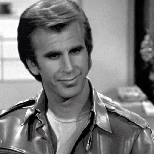 Prompt: screenshot fonz portrait from 70s comedy unhappy TV show unhappy days