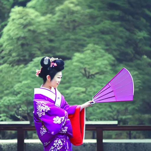 Image similar to Japanese geisha with beautiful violet paper fan, 4k photography, 30 mm lens, cinematic light, warm atmosphere, in style of Kar Wai Wong, fine dust