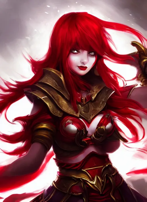 Prompt: a girl with red hair wearing red and white armor, arcane artwork, league of legends concept art, wallpaper