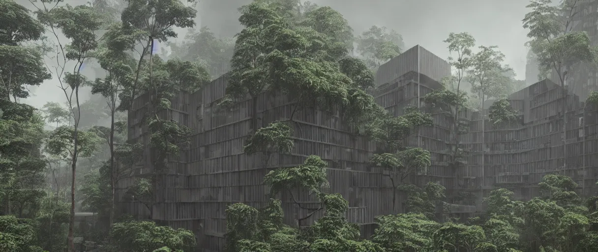 Image similar to brutalist architecture inspired by louis kahn deep in the rainforest. nature is taking over. matte painting by ivan laliashvili. unreal engine 5 render. color scheme blueish. hard shadows. cinematic.