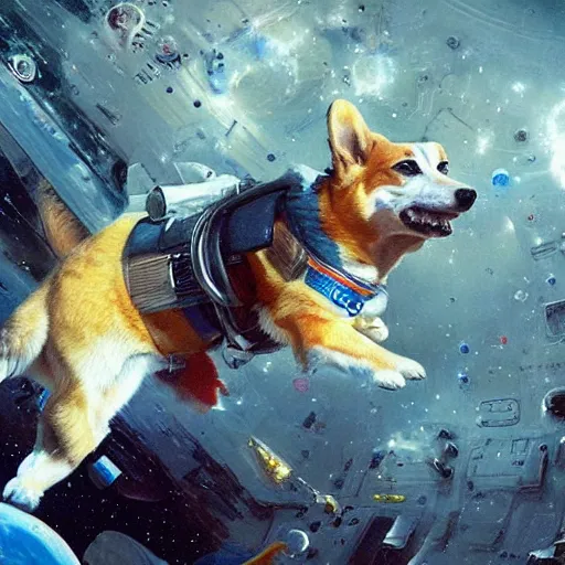 Prompt: psychedelic corgi cosmonaut in space, greg rutkowski, highly detailed, cinematic, dynamic, intense