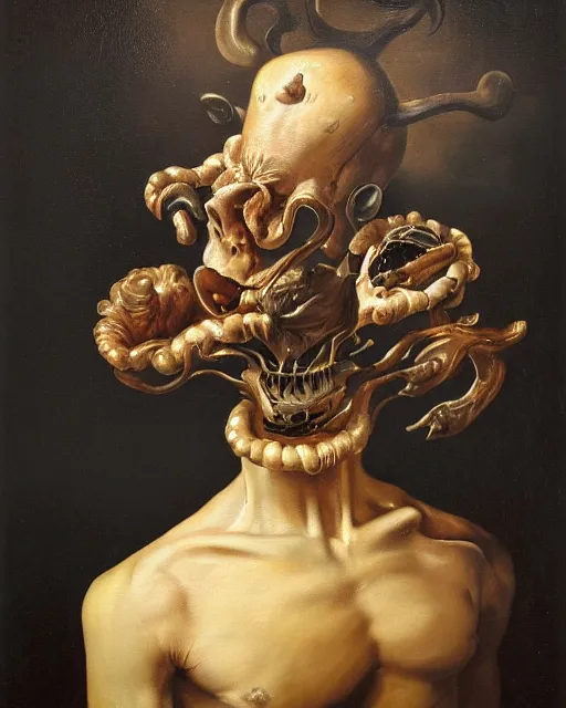 Image similar to refined dutch golden age vanitasgorgeous blended oil painting with black background by christian rex van minnen rachel ruysch dali todd schorr of a chiaroscuro portrait of an extremely bizarre disturbing mutated man with shiny skin acne dutch golden age vanitas intense chiaroscuro cast shadows obscuring features dramatic lighting perfect composition masterpiece