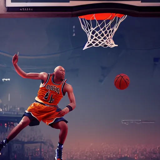 Prompt: charles barkley chaos dunk, 8 k uhd, unreal engine, reflected chrome, octane render in the artstyle of greg rutkowski