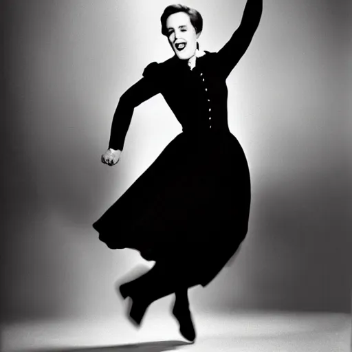 Image similar to julie andrews in all black, dancing alone on stage, dramatic lighting, very detailed photo