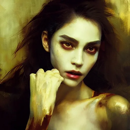 Prompt: portrait painting of a vampire, mysterious atmospheric lighting, painted, intricate, volumetric lighting, beautiful, rich deep colours masterpiece, golden hour, sharp focus, ultra detailed, by ruan jia