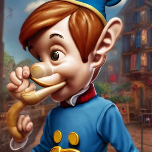 Image similar to Brian Stelter from CNN as Pinocchio boy with a long nose, Disney digital art, hyper realistic, highly detailed, cinematic lighting, artstation, sharp focus