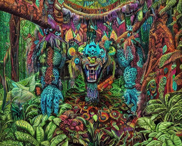 Image similar to surreal colorful nightmarish garden las pozas, mayan jaguar warrior, artwork by ralph bakshi