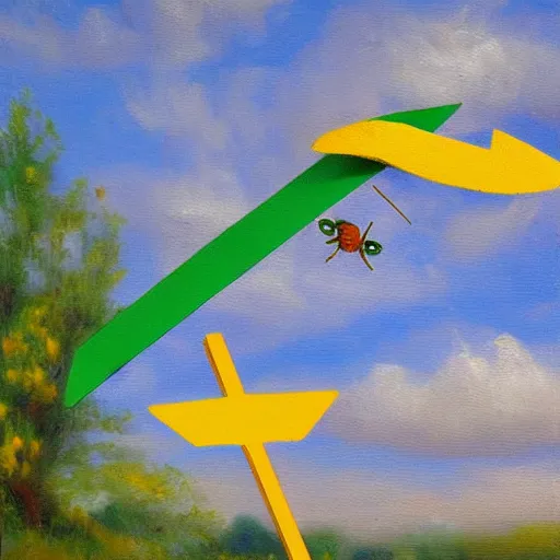 Prompt: oil painting impressionist stopwatch clock and banana arrow flying through the air, ( bugs flies buzzing around ), whimsical, detailed,