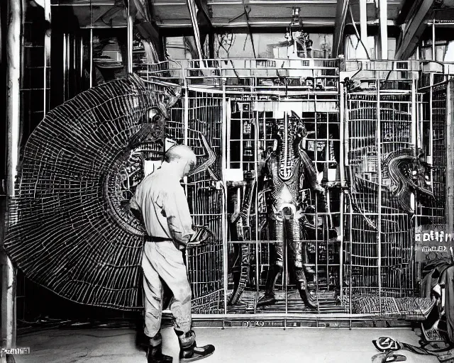 Prompt: scientists studying quetzalcoatl locked in a cage in a warehouse, 1 9 5 0's sci - fi, black and white, 8 k, highly ornate intricate details, extreme detail,