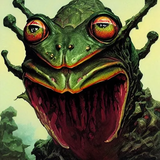 Prompt: head and shoulders portrait of a slaad anthropomorphic frog monster, d & d, fantasy, greg rutkowski, frank frazetta, alexandre chaudret, boris vallejo, michael whelan, miro petrov, hr giger, magali villeneuve, donato giancola