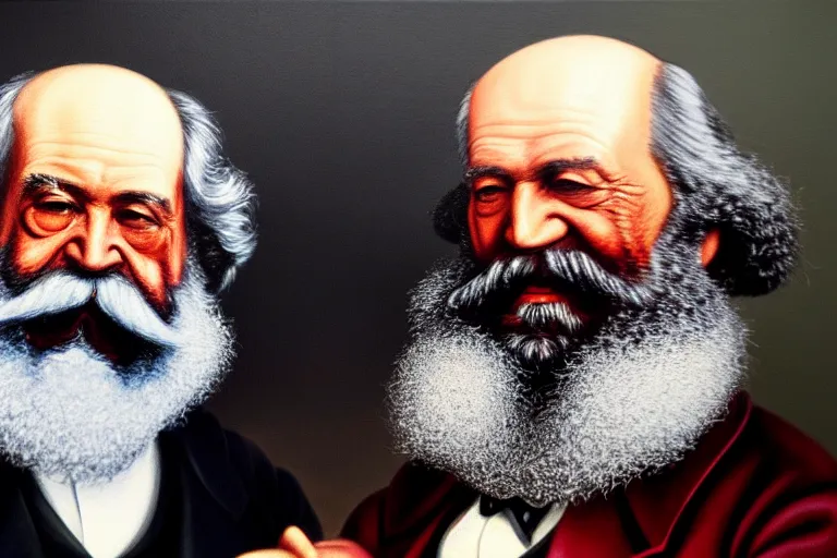 Image similar to ( ( a beautiful 8 k photorealistic masterpiece oil - painting ) ( close up ) and ( zoom out ) ( of ( karl marx and sigmund freud hugging ) ( in funny clothes ( both giggling and having fun ) ) ) ( hyperrealism ) ( 1 6 k ) ( trending on artstation )