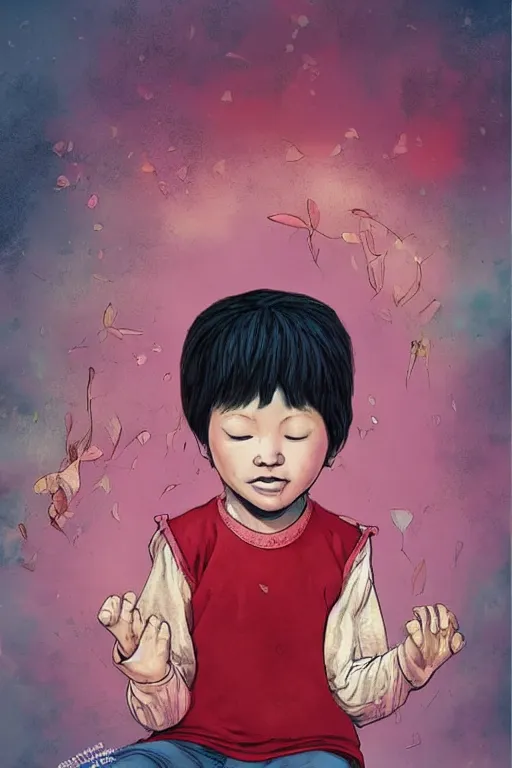 Prompt: child without dream, just sit and cry, art by jacqueline e, color by sam wilde and background by bo feng lin
