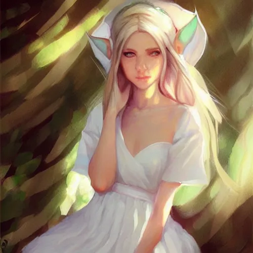 Image similar to beautiful elf girl in white dress, portraiture, by krenz cushart