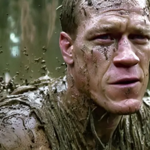 Image similar to film still of john cena as major dutch, covered in mud, hiding from the predator in swamp scene in 1 9 8 7 movie predator, hd, 8 k