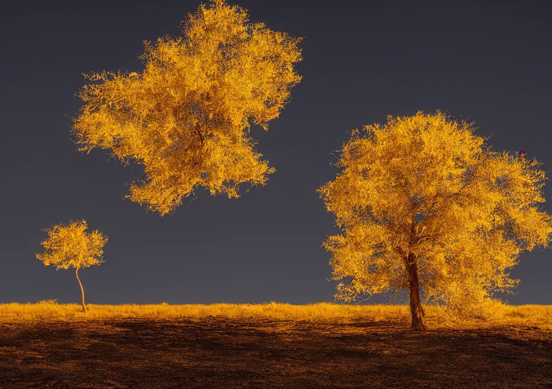 Image similar to a golden tree in a dark desert, detailed photography, dennis velleneuve, vivid colors, ultra realistic, 8 k, photography