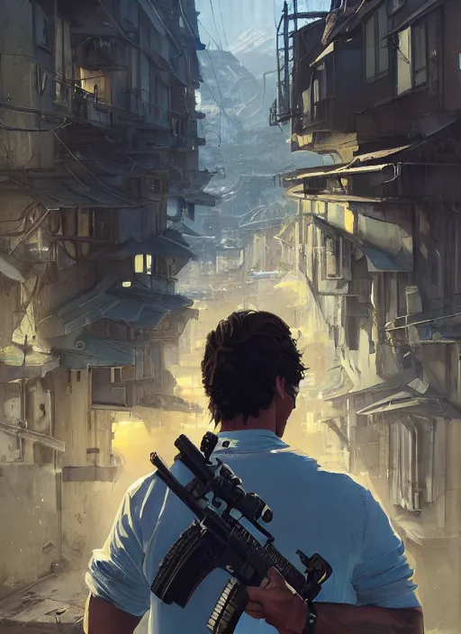 Image similar to highly detailed portrait justin trudeau in street gang attire holding ar - 1 5! in gta v stephen bliss unreal engine fantasy art by greg rutkowski loish rhads ferdinand knab makoto shinkai lois van baarle ilya kuvshinov rossdraws tom bagshaw global illumination radiant light detailed intricate environment