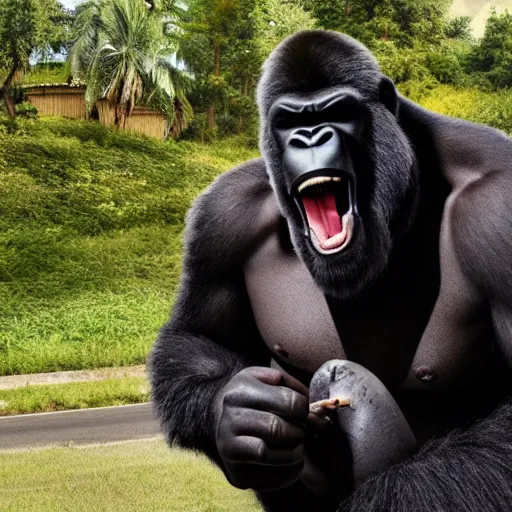 Image similar to big black man with gorilla body eating bananas in the hood, 8k resolution, full HD, cinematic lighting, award winning, anatomically correct