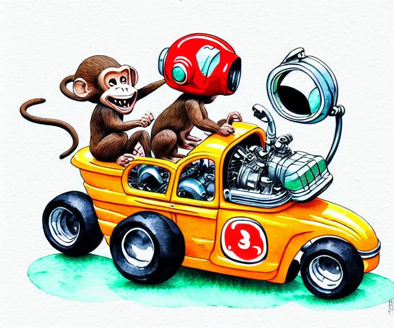 Image similar to cute and funny, monkey wearing a helmet riding in a tiny hot rod with oversized engine, ratfink style by ed roth, centered award winning watercolor pen illustration, isometric illustration by chihiro iwasaki, edited by range murata, tiny details by artgerm, symmetrically isometrically centered