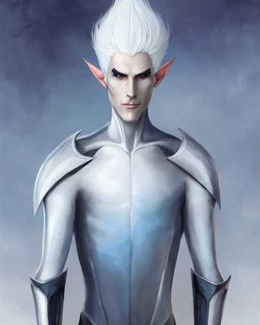 Prompt: character portrait of a slender young half elven man with white hair, piercing blue eyes, and pale blue skin, wearing sleek pearlescent black armor, by greg rutkowski and mark brookes and jim burns and tom bagshaw and magali villeneuve, trending on artstation