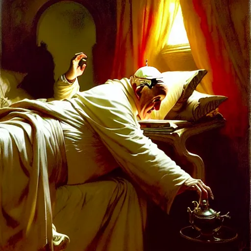 Image similar to the pope wakes up is his bed, sweating, nervous, terrified, because a double horned shadow demon lurks in the papal bedroom. highly detailed painting by gaston bussiere, j. c. leyendecker, greg rutkowski, craig mullins 8 k