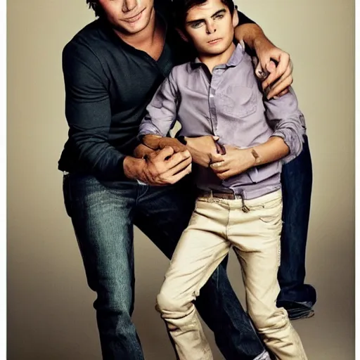 Prompt: zac efron and john stamos as father and son, vogue magazine, dramatic light, photoshoot,