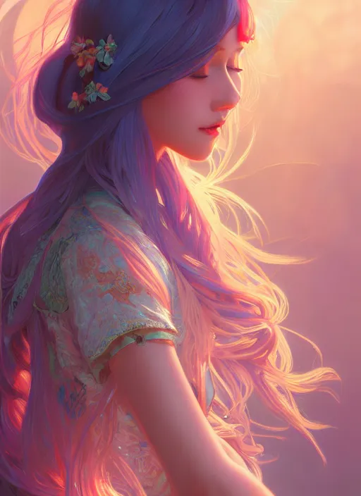 Image similar to beautiful girl with long turqoise hair, cute, intricate, highly detailed, digital painting, trending on artstation, concept art, smooth, sharp focus, backlit, rim light, vivid colors, illustration, unreal engine 5, 8 k, art by rossdraws and alphonse mucha