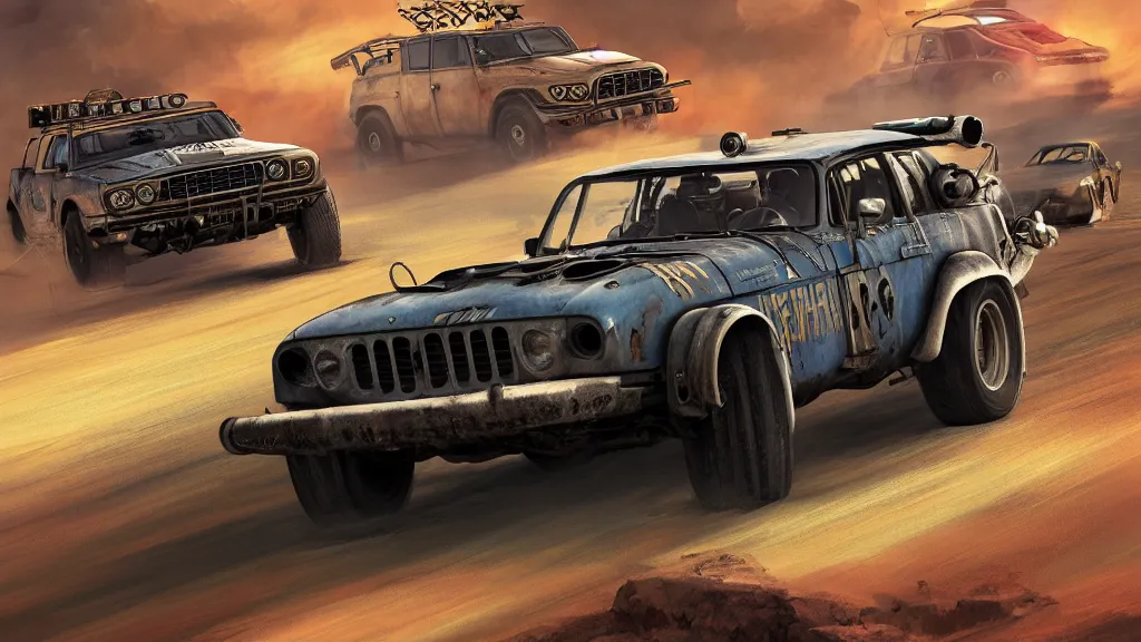 Image similar to illustration of mad max's fj 4 0 pursuit special, the last v 8 interceptor driving down to the gates of valhalla highway, fury road, eternal shiny and chrome, world of fire and blood, by makoto shinkai, ilya kuvshinov, lois van baarle, rossdraws, basquiat, studio ghibli, global illumination ray tracing hdr