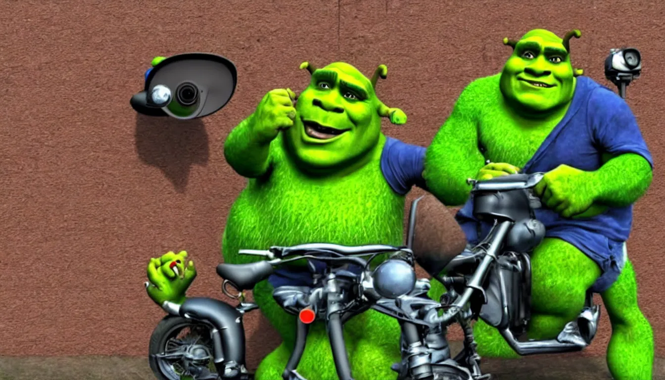 Image similar to doorbell cam footage shrek riding motorbike on one wheel, hilarious, funny, meme, realistic, detailed, 4 k