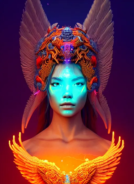 Image similar to a 3 d wlop goddess portrait, 8 k micro details beautiful intricate highly detailed quetzalcoatl skull and feathers. bioluminescent, fire, snow, thunderstorm! artwork by tooth wu and wlop and beeple and greg rutkowski, trending on artstation,