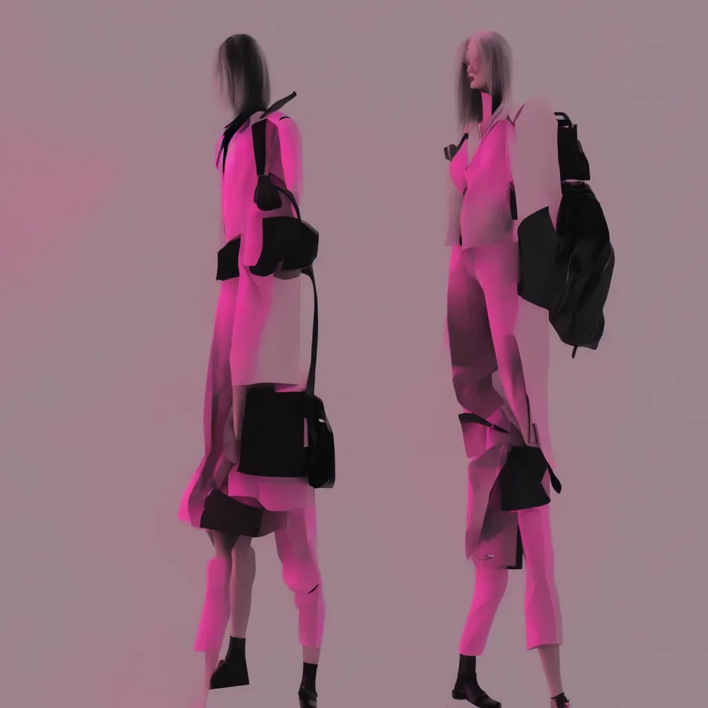 Prompt: moderately cool female person, photoshoot for a lookbook for Balenciaga, 3d render, pink lighting, matte vivid color