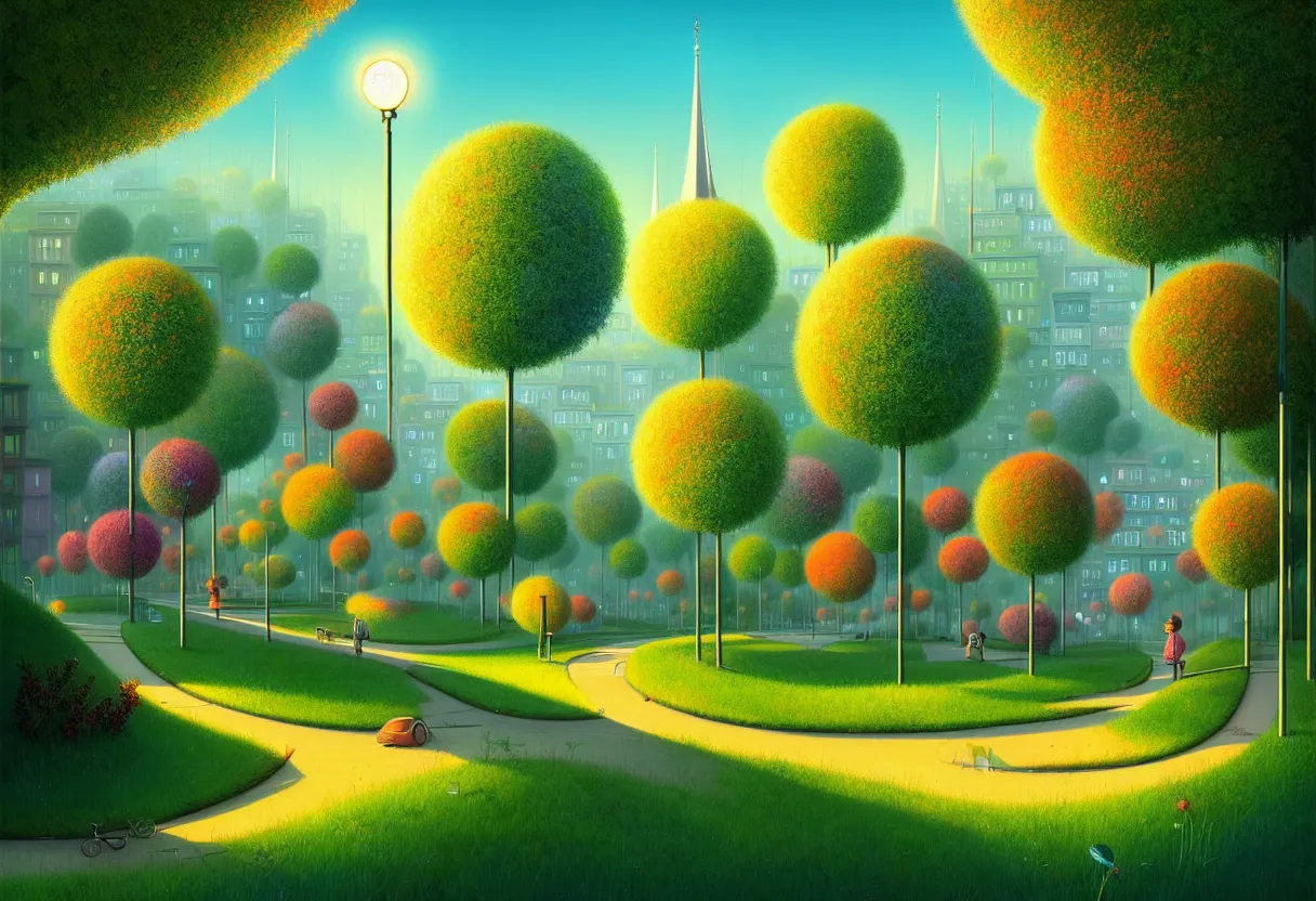 Prompt: beautiful city of the future, overgrown with trees and plants. shining in the morning with light pole illuminate the patch, nice colour scheme, warm colour. beautiful artistic digital artwork by artist lurid. ( 2 0 2 2 ), gediminas pranckevicius