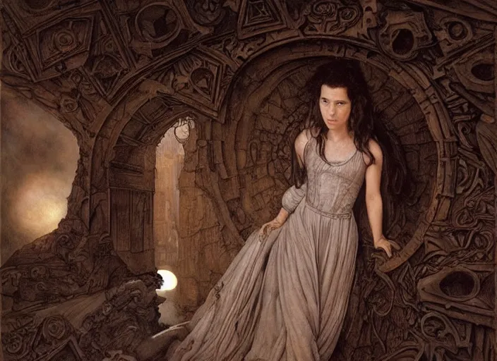 Image similar to jim henson's labyrinth. young jennifer connelly in a ballgown, is trapped in a dark shadowed oubliette made of stone. by edgar maxence and caravaggio and michael whelan and delacroix style, artistic, intricate painting, cinematic lighting, hyper realistic, extremely detailed, vivid colors, establishing shot, dramatic lighting