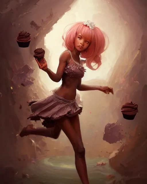 Image similar to a ( ( girl as personification of chocolate cupcake ) ), beauty, fantasy bakery, digital painting by krenz cushart, greg rutkowski, artgerm, laurie greasly, wlop, intricate, highly detailed!!, sharp focus, smooth, epic composition, joyful, unreal engine, masterpiece, 8 k, interesting background