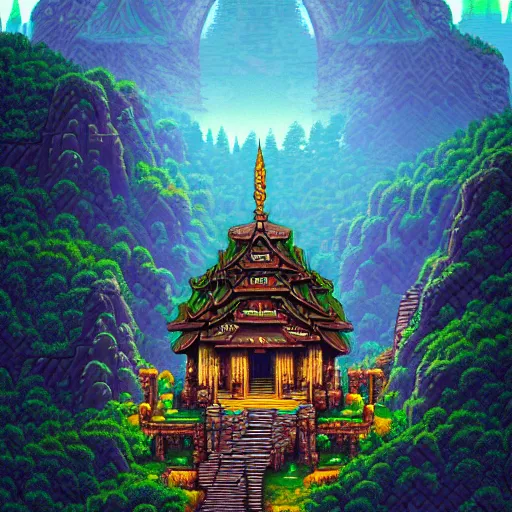 Prompt: mysterious temple in the mountains, fantasy landscape, extremely detailed, sharp focus, pixelart, wide view, digital illustration, by dan mumford, greg rutowski, johan grenier