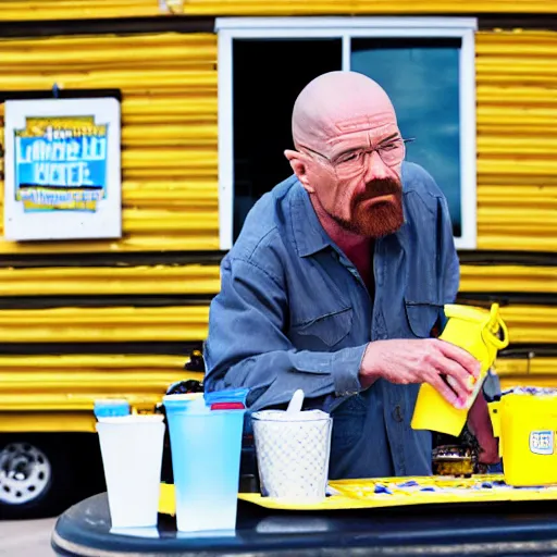 Prompt: Photo of Walter White selling lemonade at a lemonade stand at a school bus stop, taken with a Canon EOS 5D