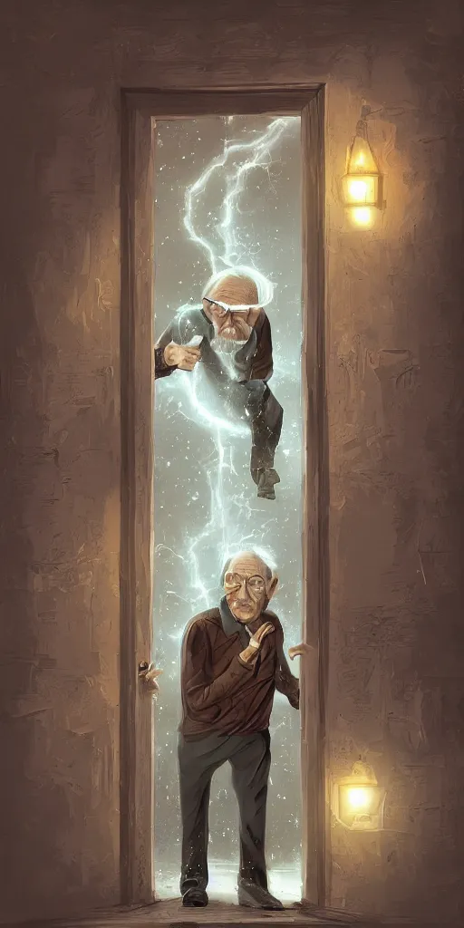 Image similar to old man going through a door to another dimension, fantasy, 4 k, digital art,