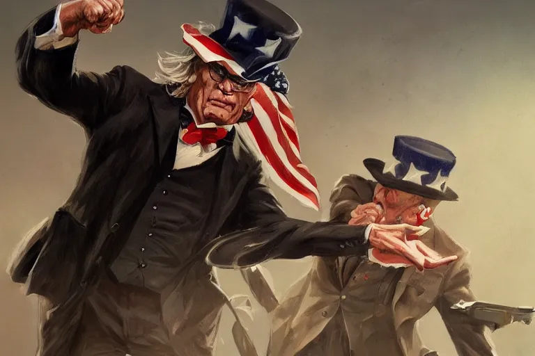 Prompt: painting of uncle sam punching steven seagal, fantasy, intricate, elegant, highly detailed, digital painting, artstation, concept art, smooth, sharp focus, illustration, art by greg rutkowski, masterpiece, perfect composition, award - winning photography